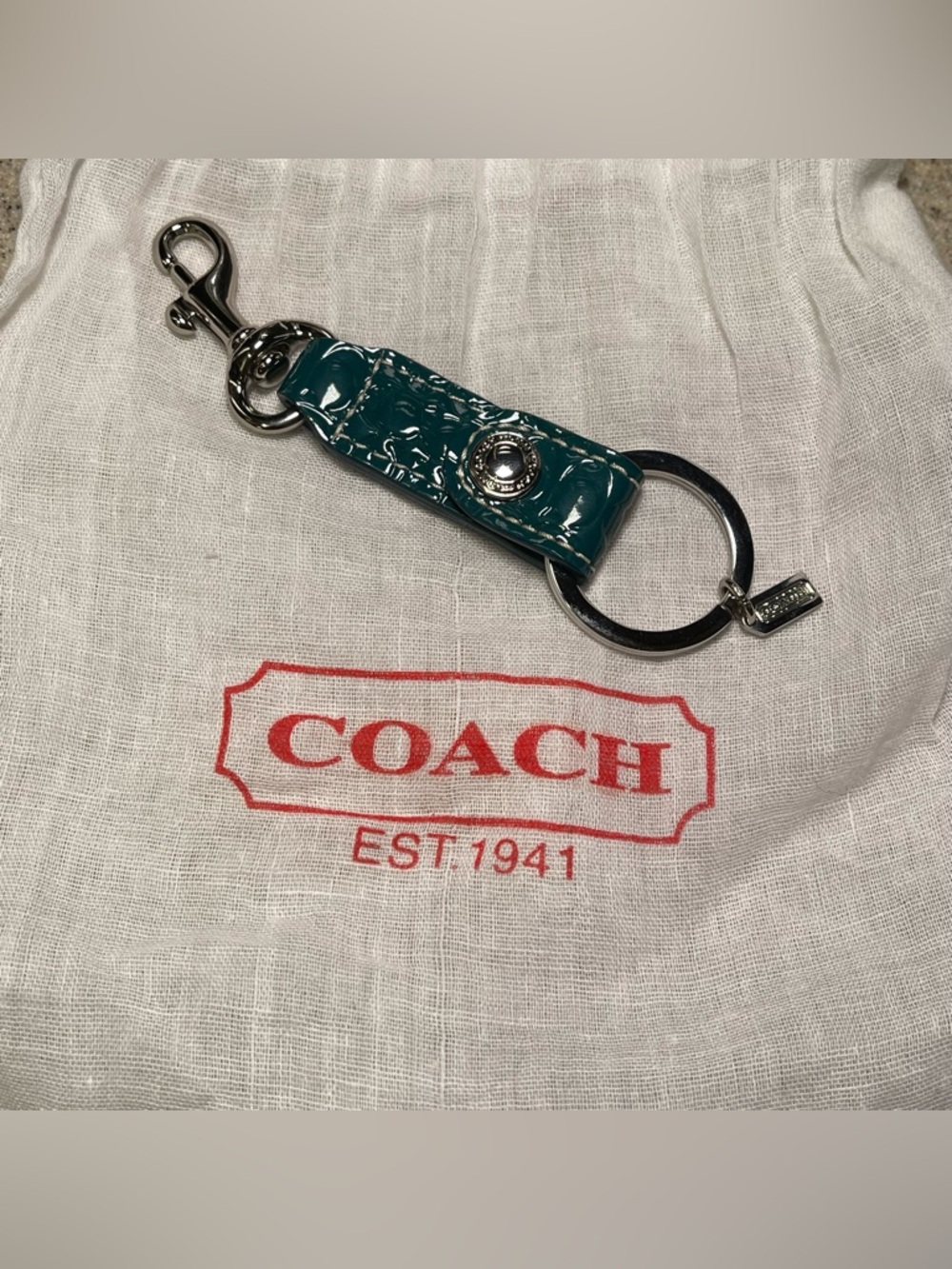 NEW - COACH: Dark Teal Turquoise Trigger Snap Patent Leather Keyfob Keychain